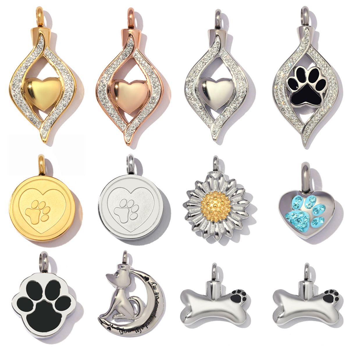 6pcs/Lot Stainless Steel Openable Dog Cat Paw Urn Necklace Pendants for Pet Ashes Keepsakes Memorial Heart Flower Jewelry Wholesale