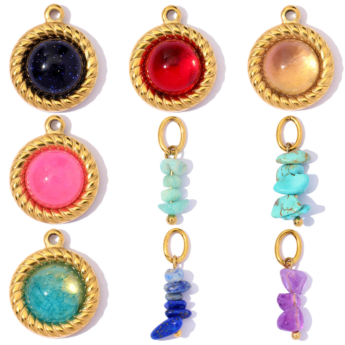 6pcs/Lot Stainless Steel Natural Turquoise DIY Beaded Charms Glass Stone Round Necklace Pendants Woman Earring Jewelry Findings