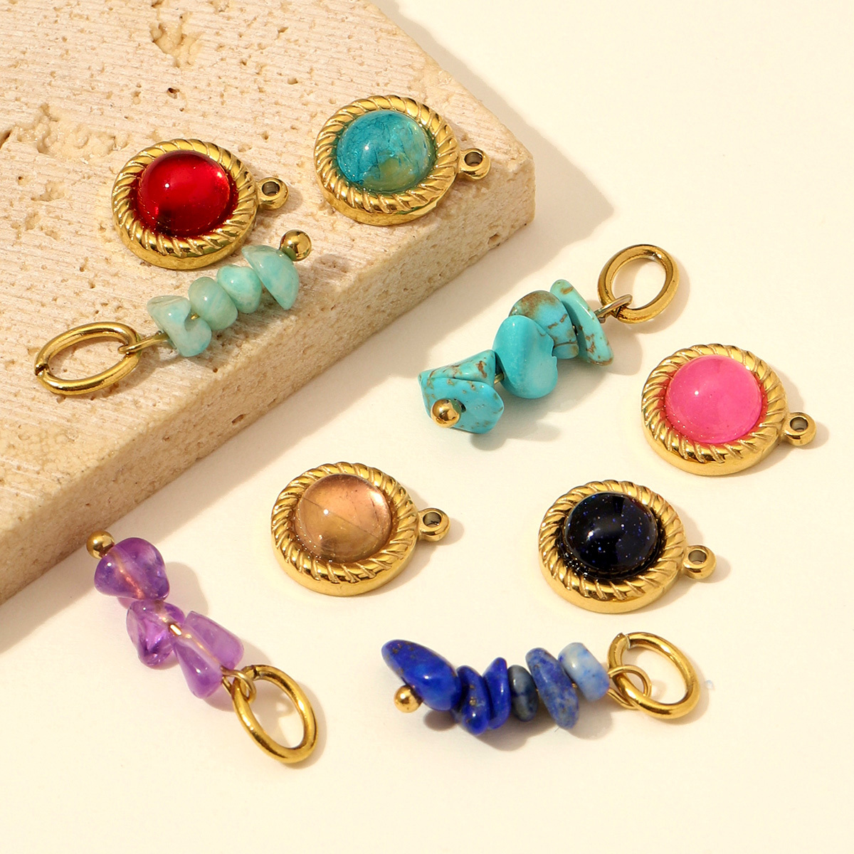 6pcs/Lot Stainless Steel Natural Turquoise DIY Beaded Charms Glass Stone Round Necklace Pendants Woman Earring Jewelry Findings