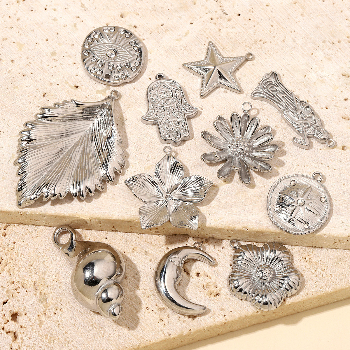 6pcs/pack Conch Leaf Stainless Steel Diy Charms Women Daisy Flower Star Earring Necklace Making Evil Eye Pendant