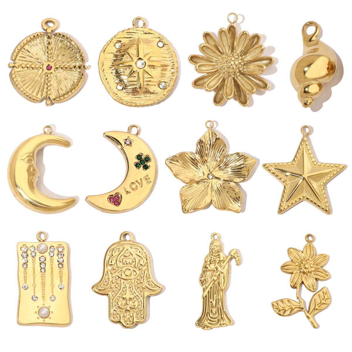 6pcs/pack Moon Leaf Stainless Steel Diy Charms Women Daisy Flower Star Earring Necklace Making Hamsa Hand Pendant
