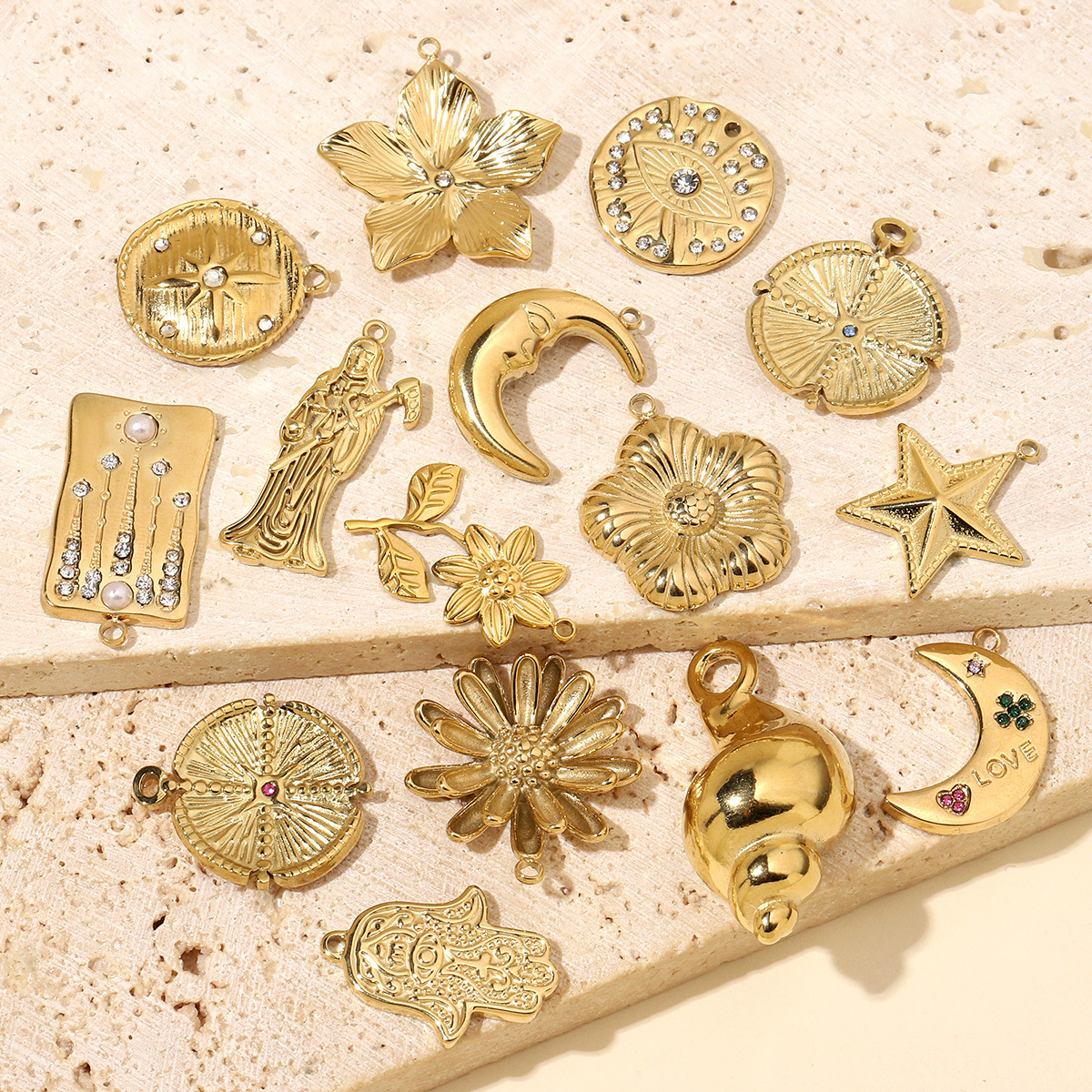 6pcs/pack Moon Leaf Stainless Steel Diy Charms Women Daisy Flower Star Earring Necklace Making Hamsa Hand Pendant