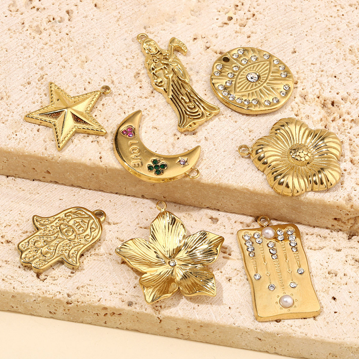 6pcs/pack Moon Leaf Stainless Steel Diy Charms Women Daisy Flower Star Earring Necklace Making Hamsa Hand Pendant
