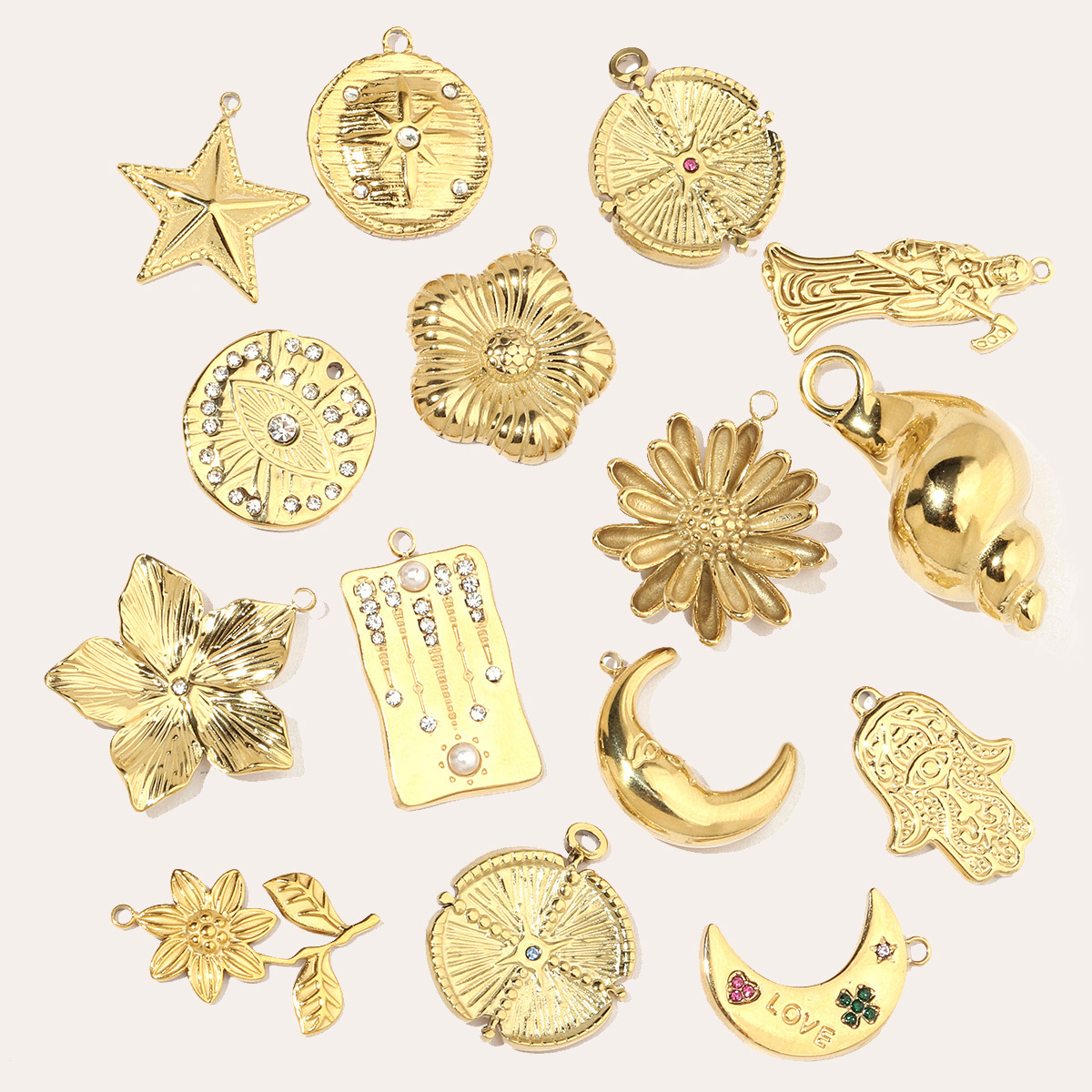 6pcs/pack Moon Leaf Stainless Steel Diy Charms Women Daisy Flower Star Earring Necklace Making Hamsa Hand Pendant