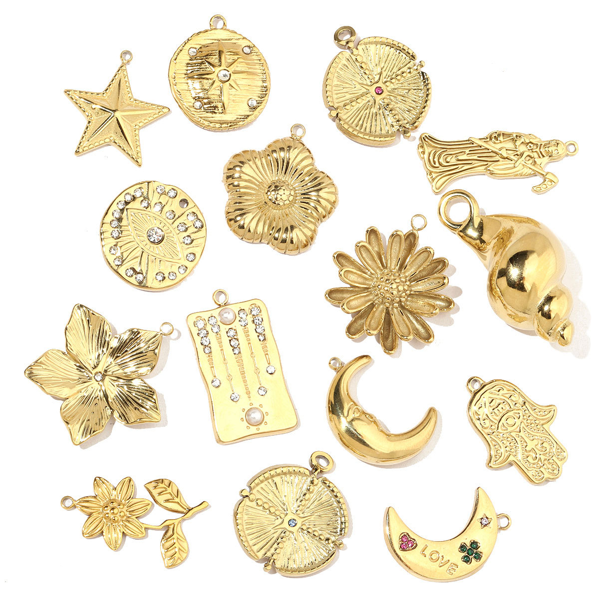 6pcs/pack Moon Leaf Stainless Steel Diy Charms Women Daisy Flower Star Earring Necklace Making Hamsa Hand Pendant