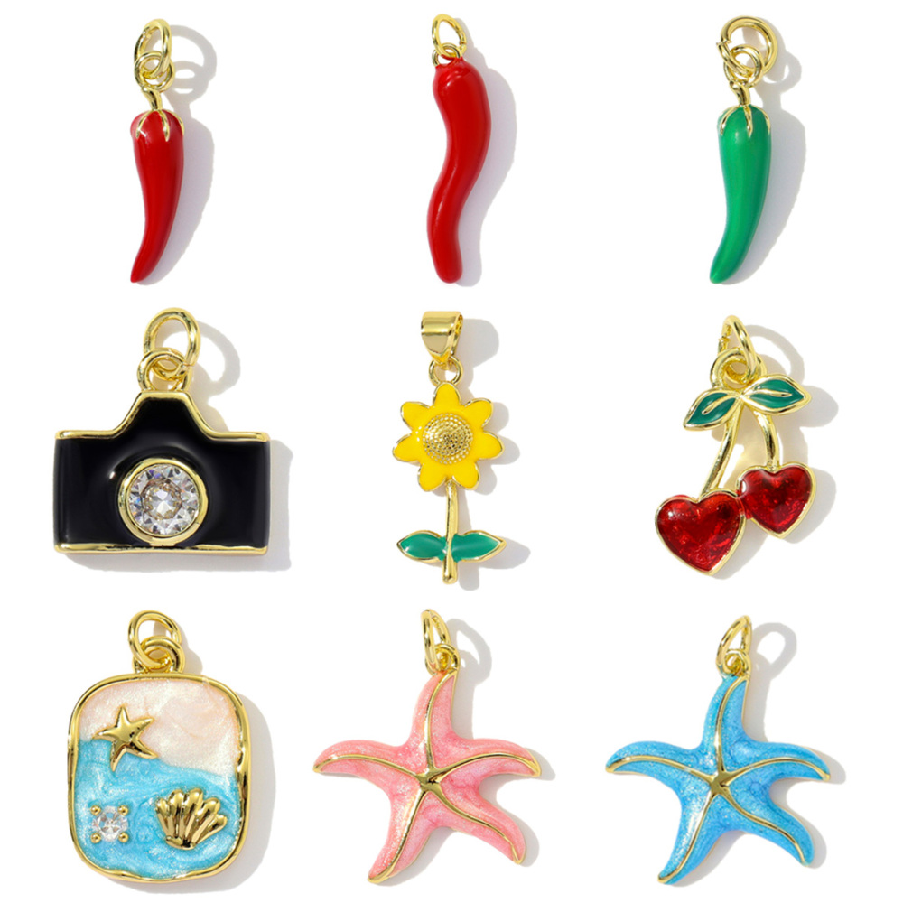 6pcs/pack Wholesale Copper Enamel Chilli Sunflower Diy Earring Charms Women Shell Starfish Camera Necklace Pendants Cherry Jewelry