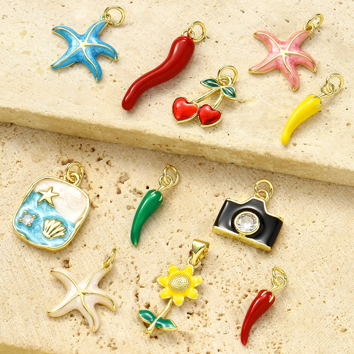 6pcs/pack Wholesale Copper Enamel Chilli Sunflower Diy Earring Charms Women Shell Starfish Camera Necklace Pendants Cherry Jewelry