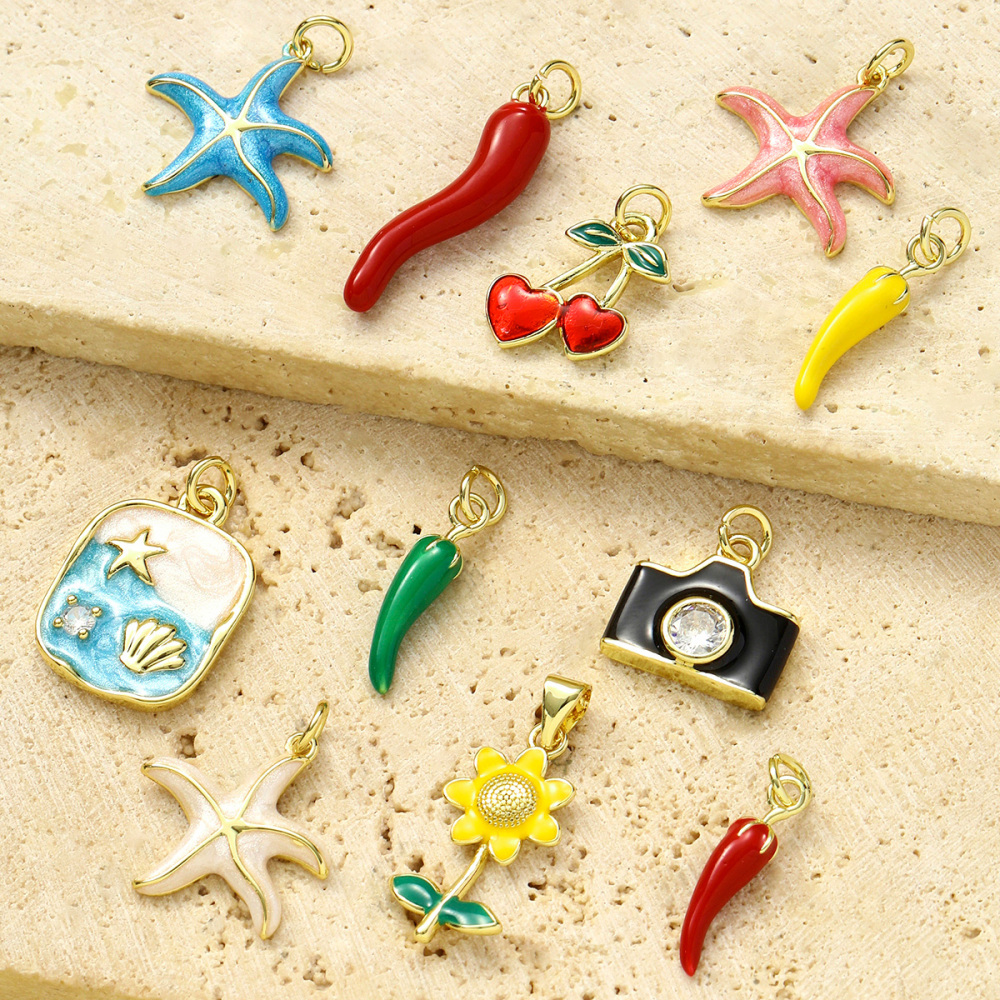 6pcs/pack Wholesale Copper Enamel Chilli Sunflower Diy Earring Charms Women Shell Starfish Camera Necklace Pendants Cherry Jewelry