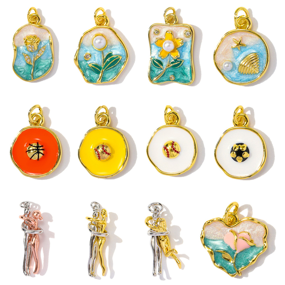 6pcs/pack Wholesale Copper Enamel Monet Garden Flower Diy Earring Charms Women Lover Baseball Necklace Pendants Sport Jewelry