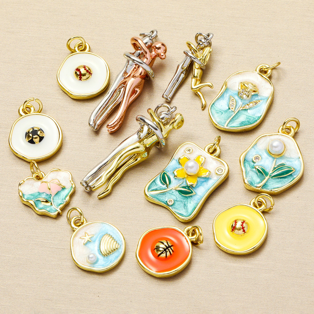 6pcs/pack Wholesale Copper Enamel Monet Garden Flower Diy Earring Charms Women Lover Baseball Necklace Pendants Sport Jewelry