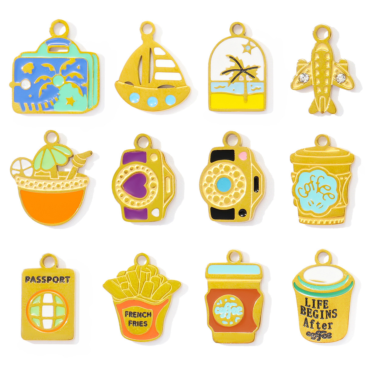 6pcs/pack French Stainless Steel Enamel Airplane Camera Necklace Pendants Suitcase Plam Diy Charms Juice Milktea Coffee Cup Jewelry