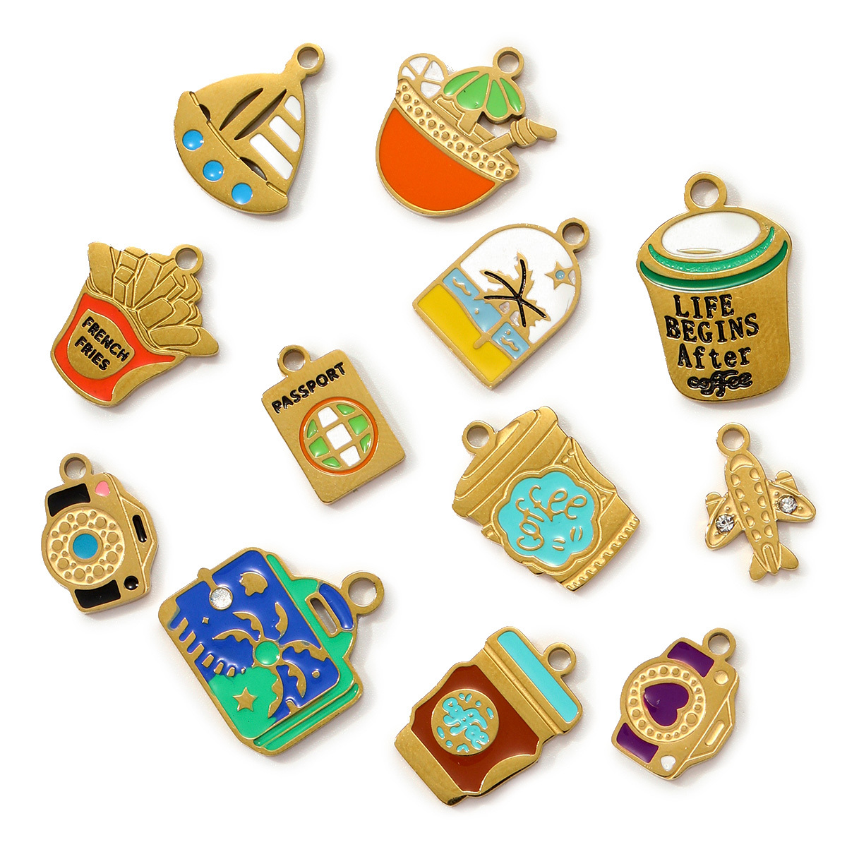 6pcs/pack French Stainless Steel Enamel Airplane Camera Necklace Pendants Suitcase Plam Diy Charms Juice Milktea Coffee Cup Jewelry