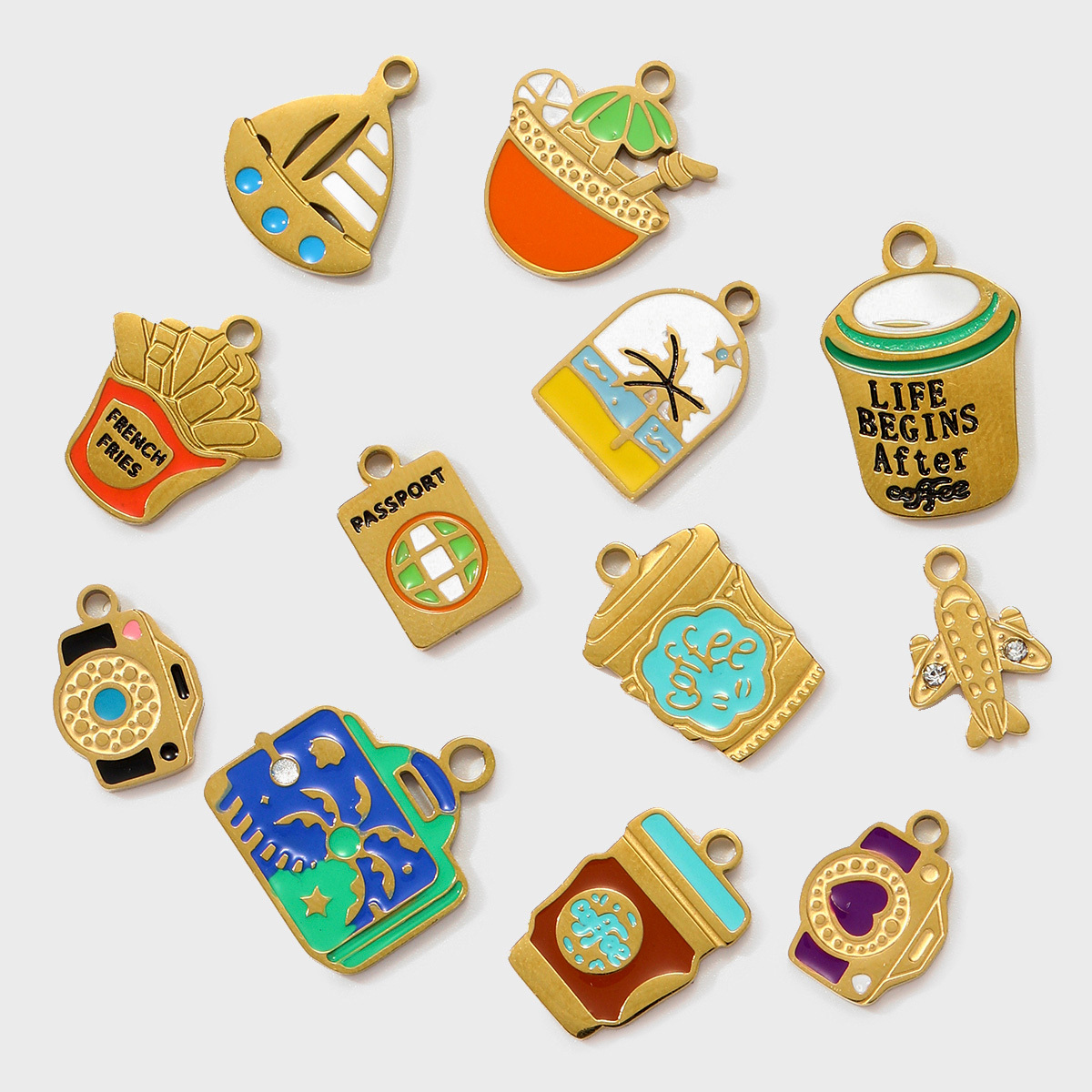 6pcs/pack French Stainless Steel Enamel Airplane Camera Necklace Pendants Suitcase Plam Diy Charms Juice Milktea Coffee Cup Jewelry
