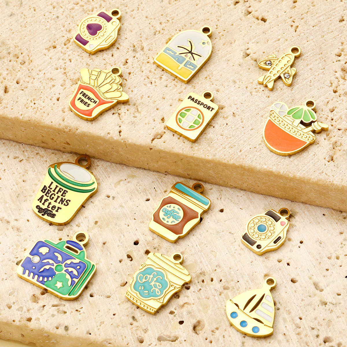 6pcs/pack French Stainless Steel Enamel Airplane Camera Necklace Pendants Suitcase Plam Diy Charms Juice Milktea Coffee Cup Jewelry
