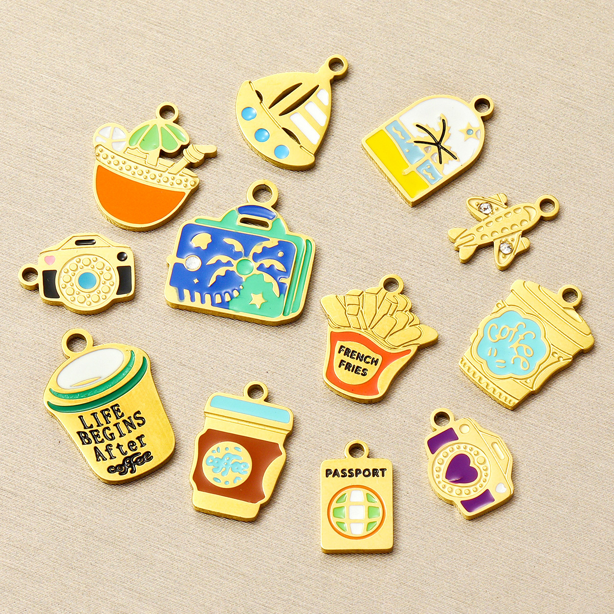 6pcs/pack French Stainless Steel Enamel Airplane Camera Necklace Pendants Suitcase Plam Diy Charms Juice Milktea Coffee Cup Jewelry