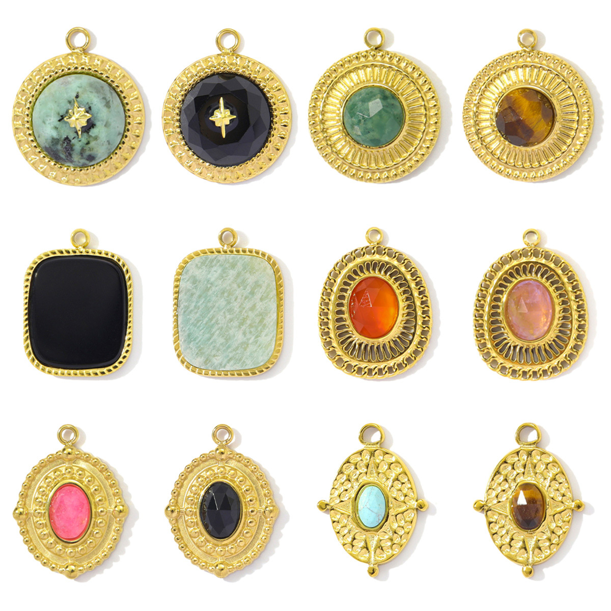 6pcs/pack Retro Stainless Steel Natural Stone Amethyst DIY Charms Women Red Agate Necklace Pendants Round Oval Jewelry