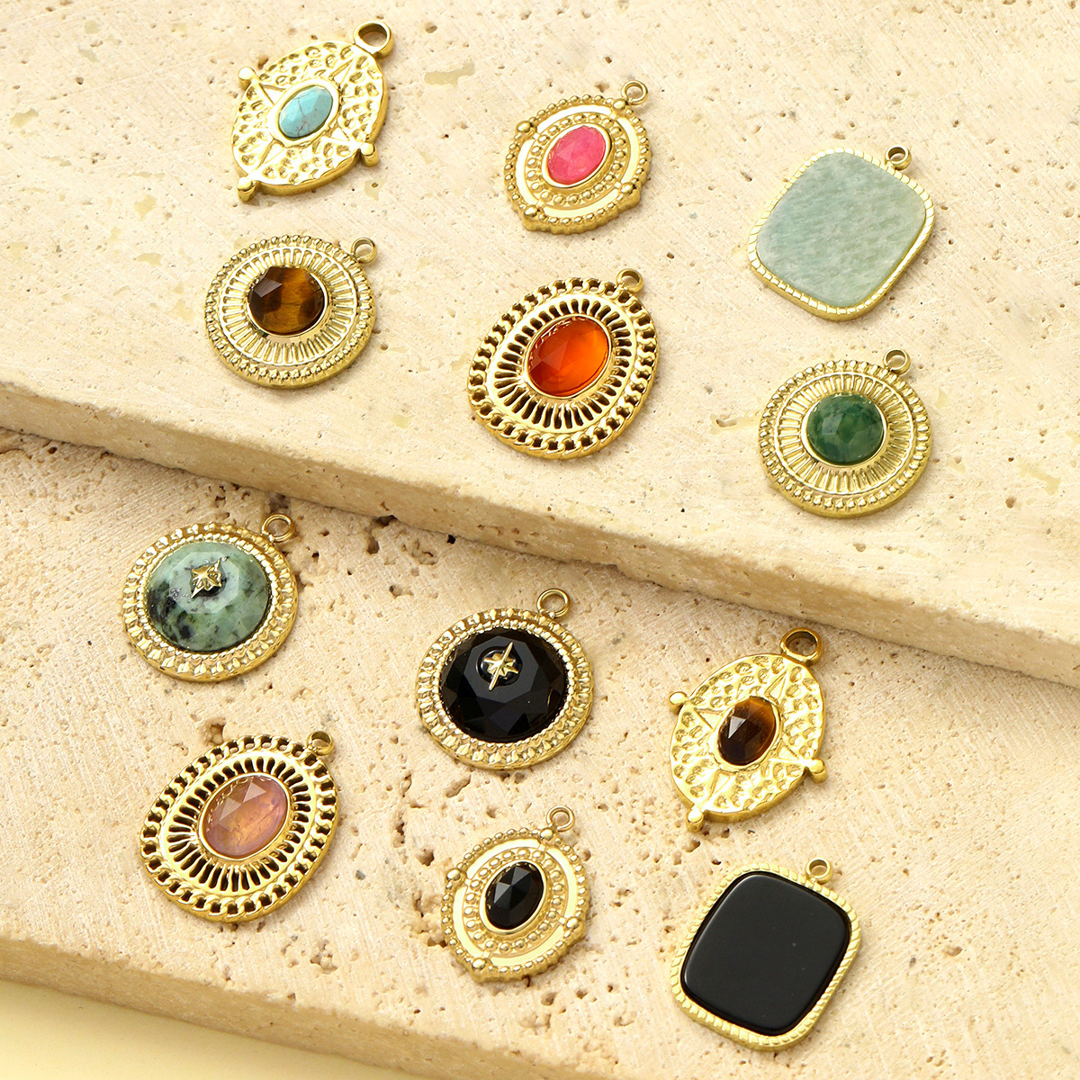 6pcs/pack Retro Stainless Steel Natural Stone Amethyst DIY Charms Women Red Agate Necklace Pendants Round Oval Jewelry