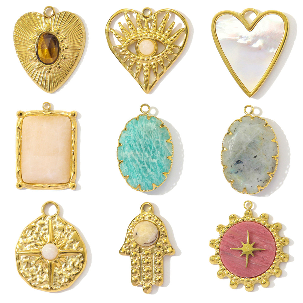 6pcs/pack French Stainless Steel Natural Stone Heart DIY Charms Women White Jade Square Necklace Pendants Feldspar Oval Jewelry