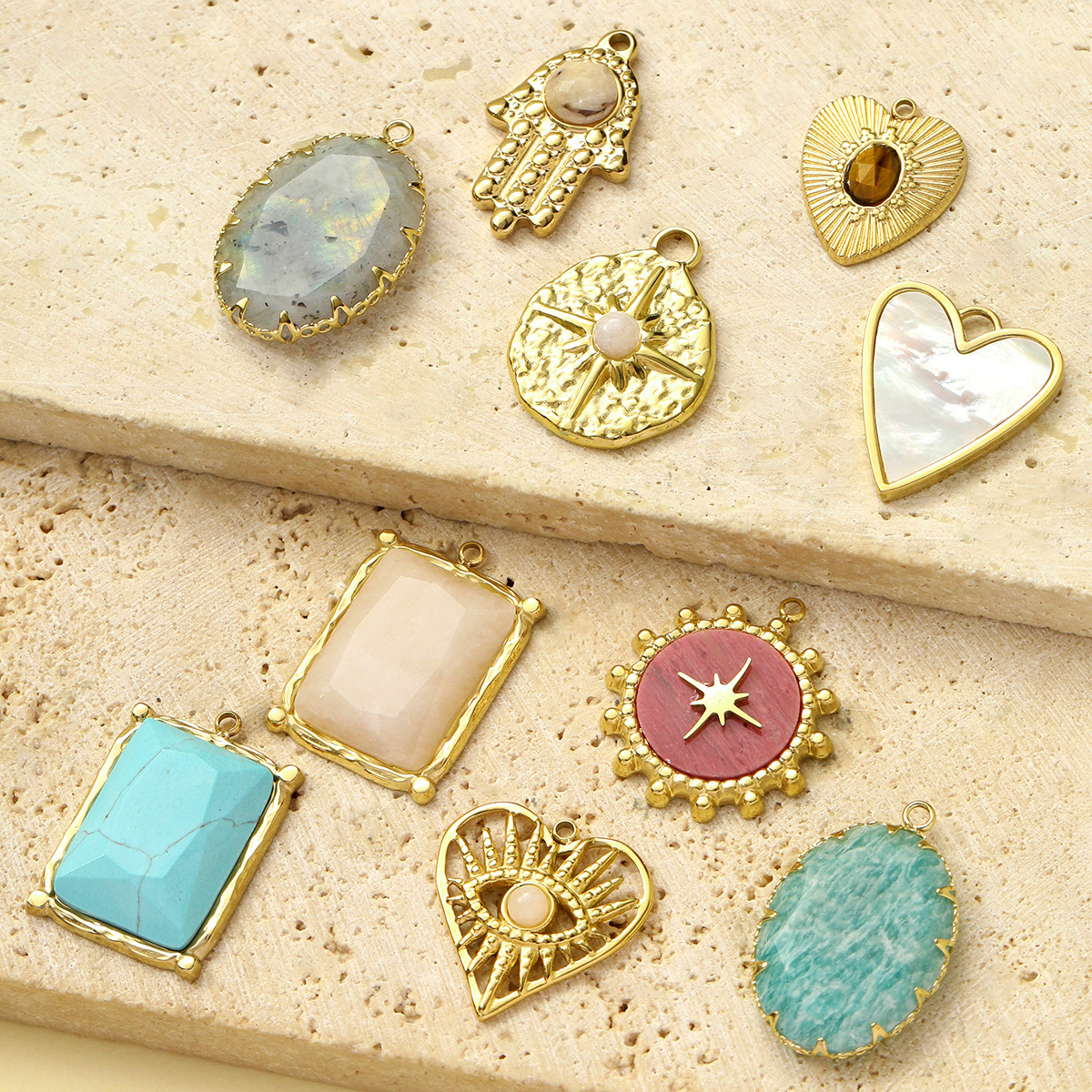 6pcs/pack French Stainless Steel Natural Stone Heart DIY Charms Women White Jade Square Necklace Pendants Feldspar Oval Jewelry