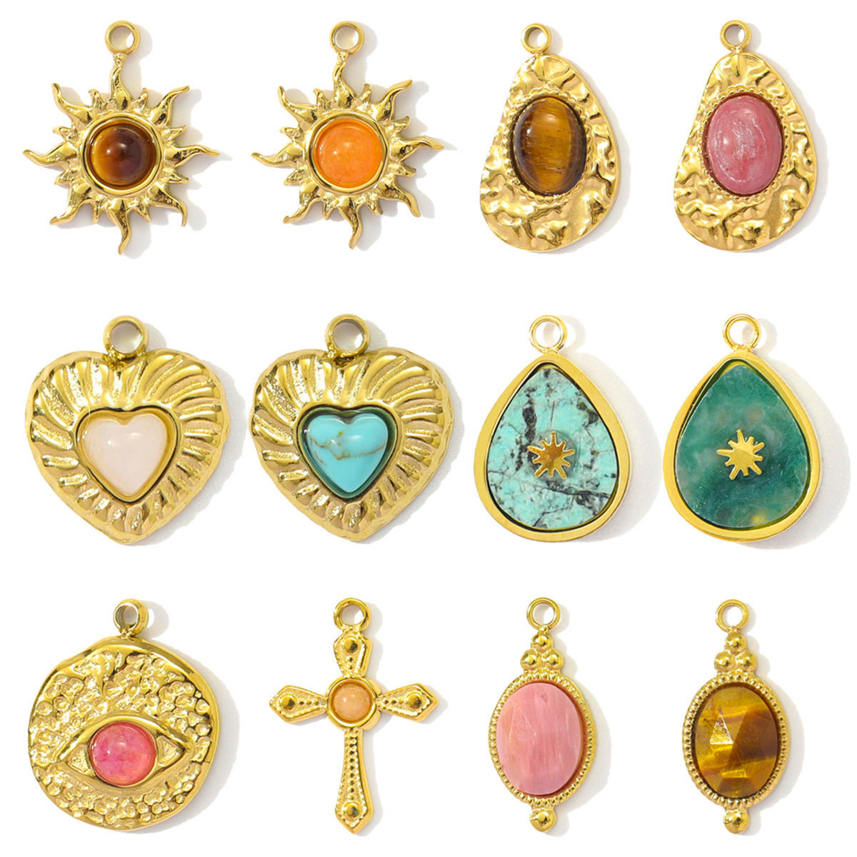 6pcs/pack French Natural Stone Heart Chalchite DIY Charms Stainless Steel Sun Waterdrop Necklace Pendants Feldspar Cross Jewelry