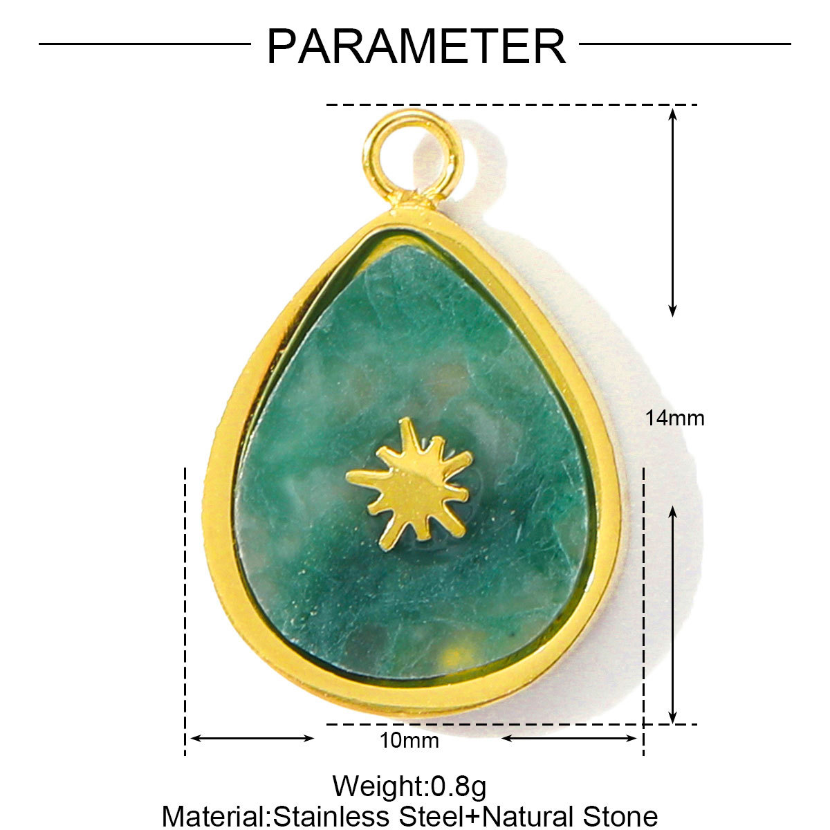 6pcs/pack French Natural Stone Heart Chalchite DIY Charms Stainless Steel Sun Waterdrop Necklace Pendants Feldspar Cross Jewelry