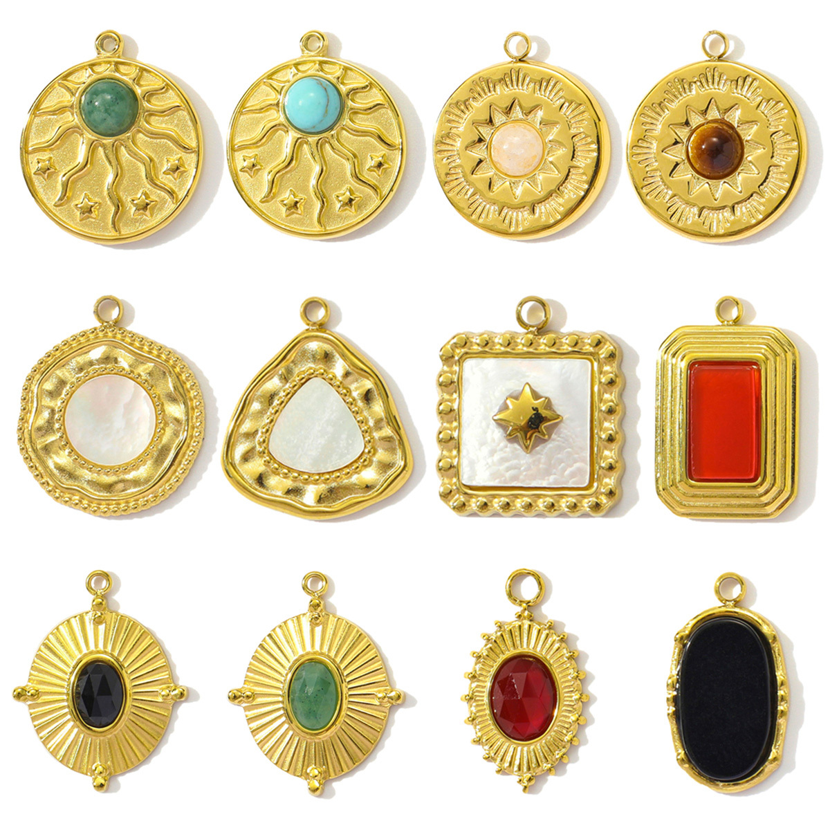 6pcs/pack French Natural Chalchite Stone Sun DIY Charms Stainless Steel Red Agate Square Necklace Pendants White Shell Jewelry