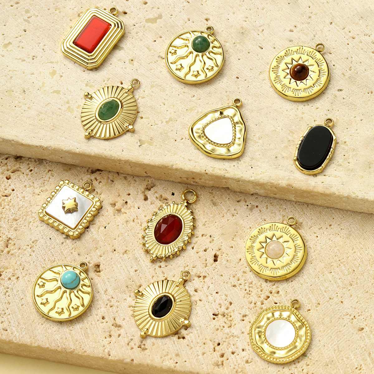 6pcs/pack French Natural Chalchite Stone Sun DIY Charms Stainless Steel Red Agate Square Necklace Pendants White Shell Jewelry