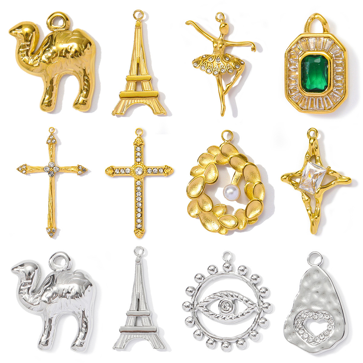 6pcs/pack Retro Stainless Steel Camel The Eiffel Tower Necklace Pendants  Crystal Cross Dancer Diy Charms Eye Jewelry Wholesale