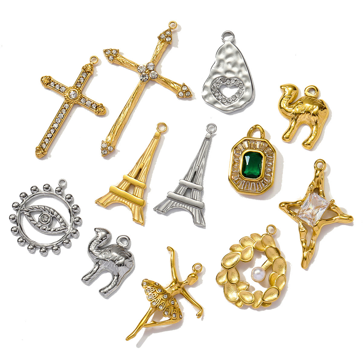 6pcs/pack Retro Stainless Steel Camel The Eiffel Tower Necklace Pendants  Crystal Cross Dancer Diy Charms Eye Jewelry Wholesale