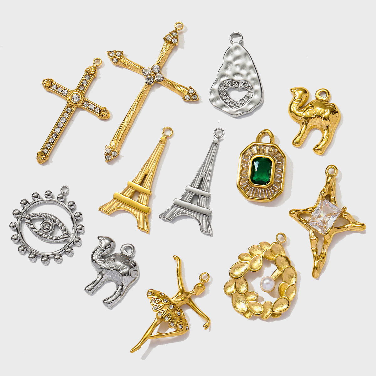 6pcs/pack Retro Stainless Steel Camel The Eiffel Tower Necklace Pendants  Crystal Cross Dancer Diy Charms Eye Jewelry Wholesale