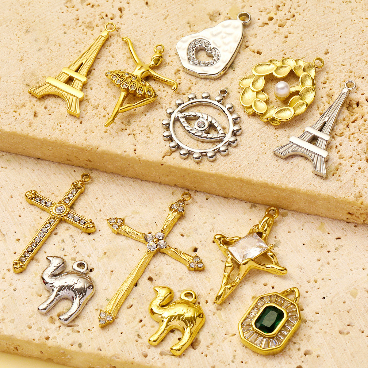 6pcs/pack Retro Stainless Steel Camel The Eiffel Tower Necklace Pendants  Crystal Cross Dancer Diy Charms Eye Jewelry Wholesale