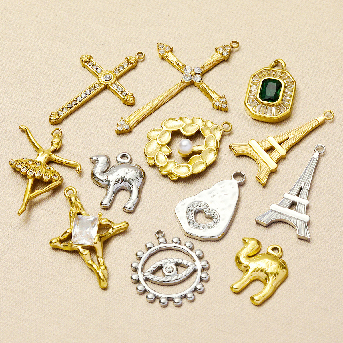 6pcs/pack Retro Stainless Steel Camel The Eiffel Tower Necklace Pendants  Crystal Cross Dancer Diy Charms Eye Jewelry Wholesale