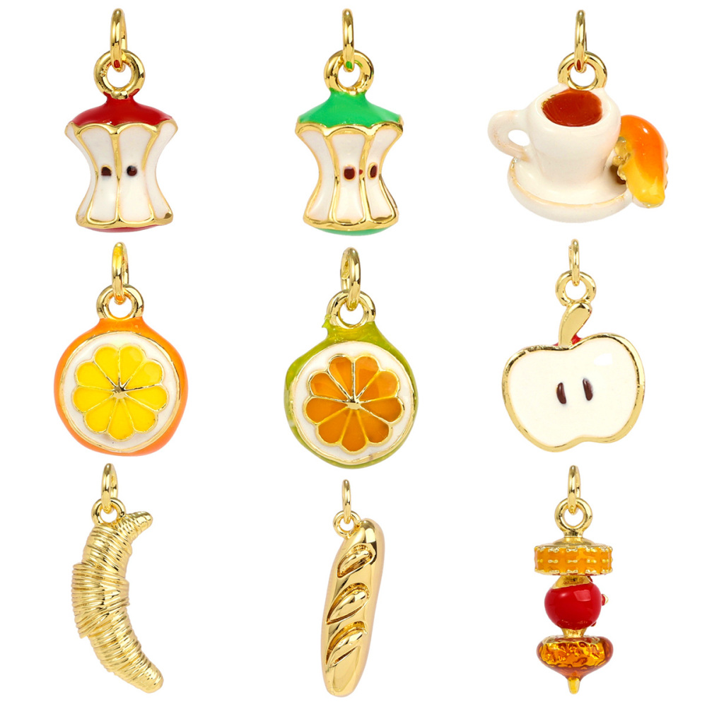 6pcs/pack Copper Micro Zircon Fruit Tanghulu Necklace Pendants 3D Croissant Apple DIY Charms Women Lemon Tea Jewelry Wholesale