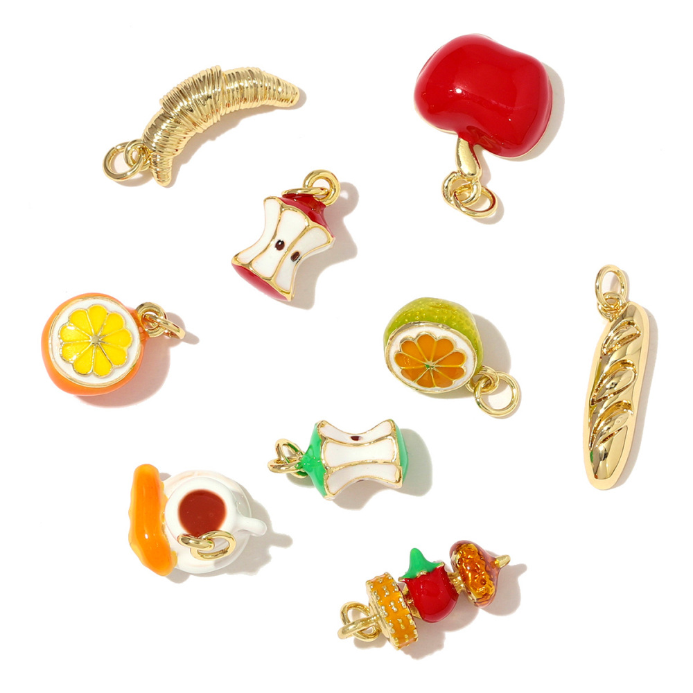6pcs/pack Copper Micro Zircon Fruit Tanghulu Necklace Pendants 3D Croissant Apple DIY Charms Women Lemon Tea Jewelry Wholesale