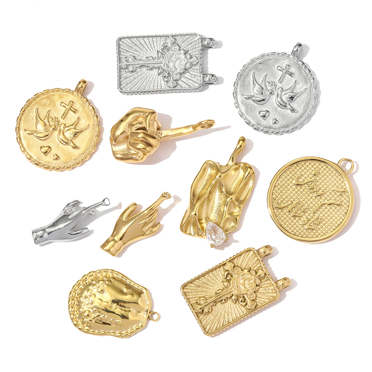 6pcs/pack Fashion Stainless Steel Flower Cross Necklace Pendants Peace Dove Coin DIY Charms Women Hand Gesture Jewelry Wholesale