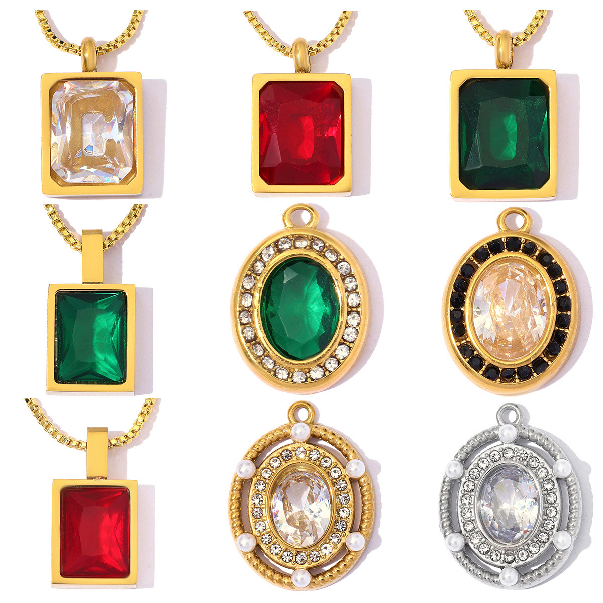 6pcs/Lot Stainless Steel Rainbow Zircon Square DIY Charm Rhinestone Oval Necklace Pendant Woman Jewelry Findings Wholesale