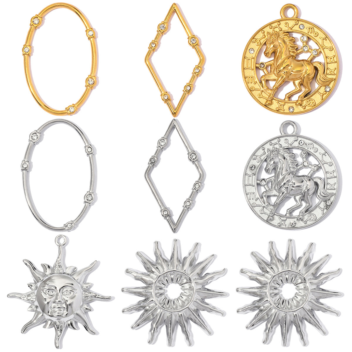 6pcs/Lot Stainless Steel Hollow Rhinestone Diamond Oval DIY Charms Zodiac Horse Necklace Pendants Woman Sun Jewelry Findings