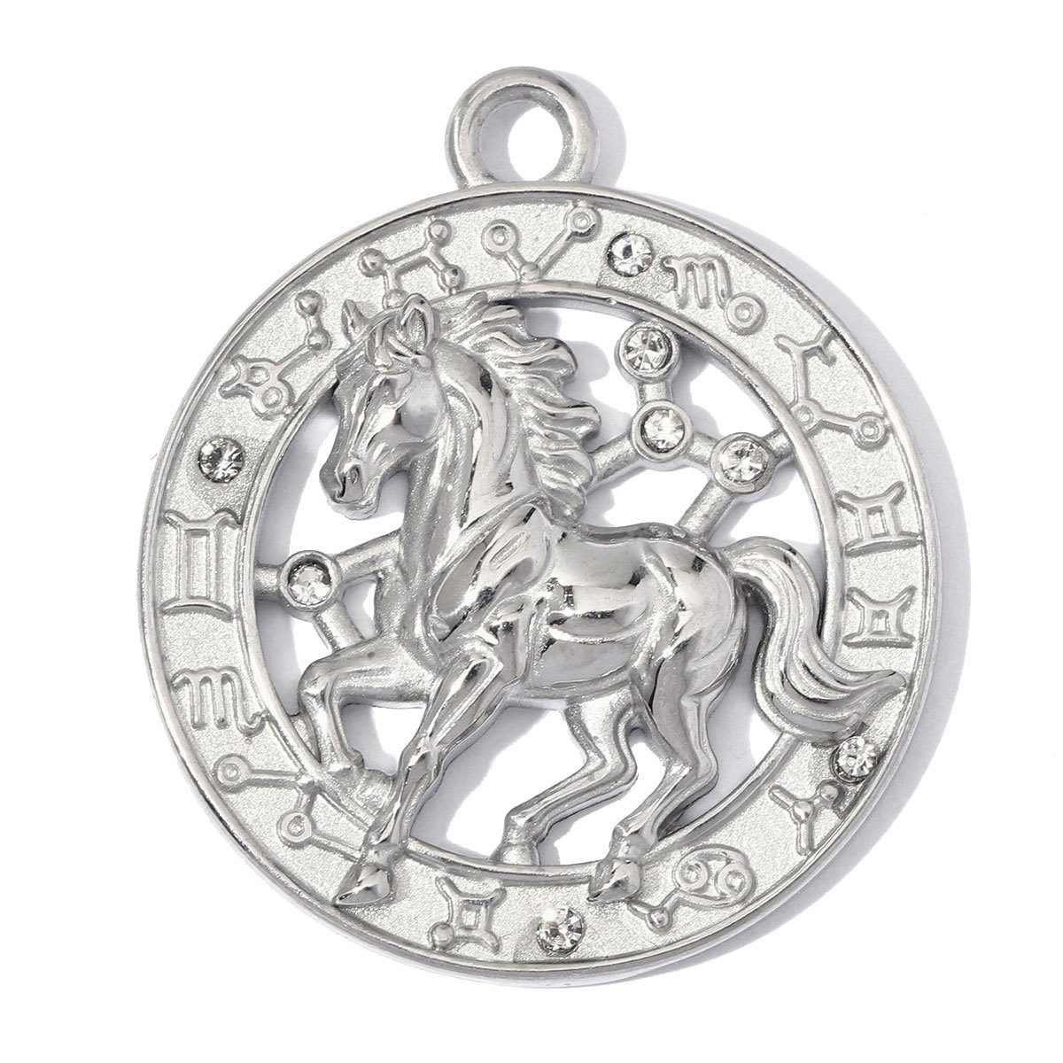 6pcs/Lot Stainless Steel Hollow Rhinestone Diamond Oval DIY Charms Zodiac Horse Necklace Pendants Woman Sun Jewelry Findings