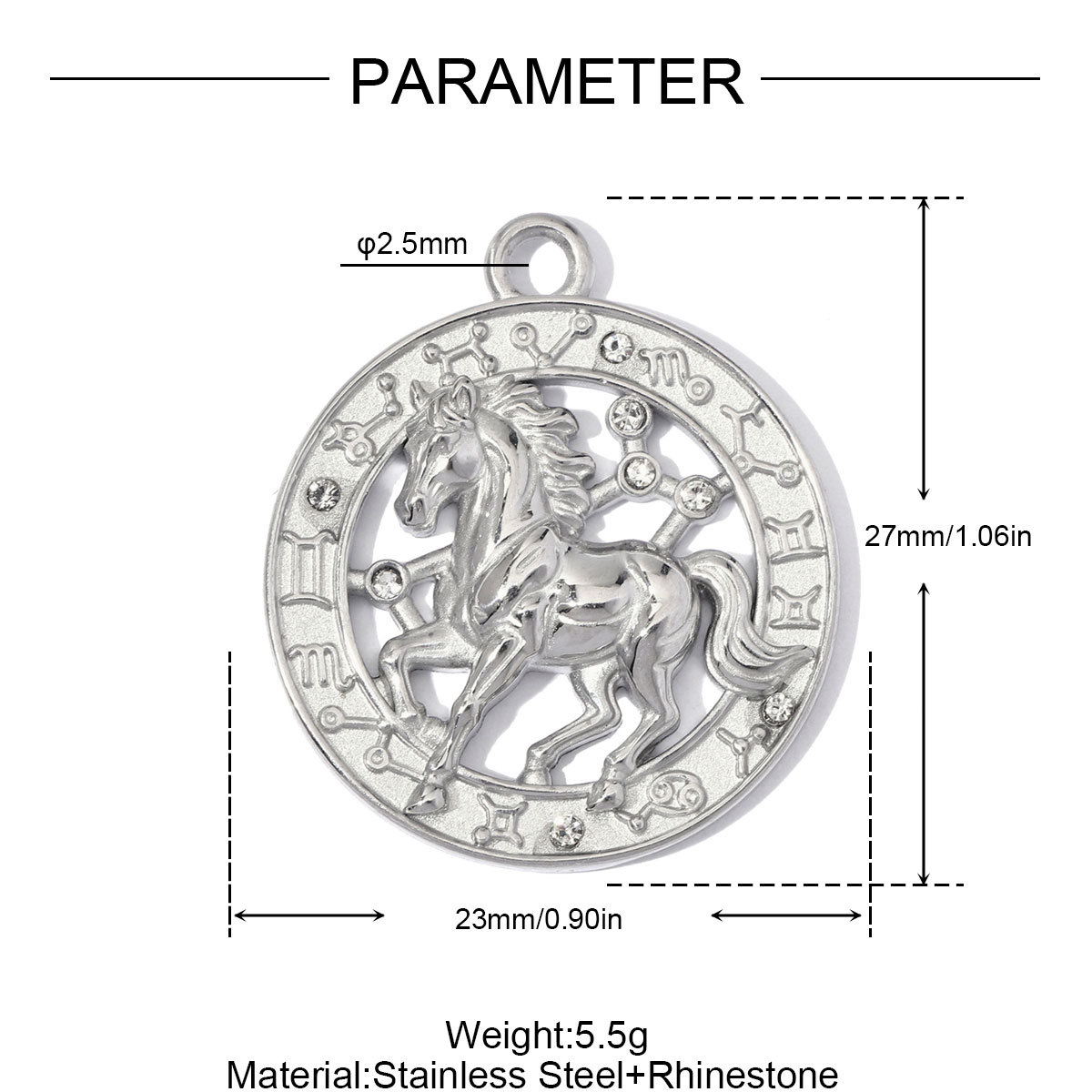 6pcs/Lot Stainless Steel Hollow Rhinestone Diamond Oval DIY Charms Zodiac Horse Necklace Pendants Woman Sun Jewelry Findings