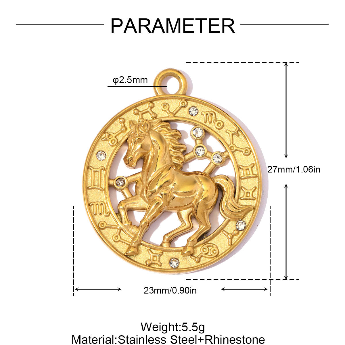 6pcs/Lot Stainless Steel Hollow Rhinestone Diamond Oval DIY Charms Zodiac Horse Necklace Pendants Woman Sun Jewelry Findings