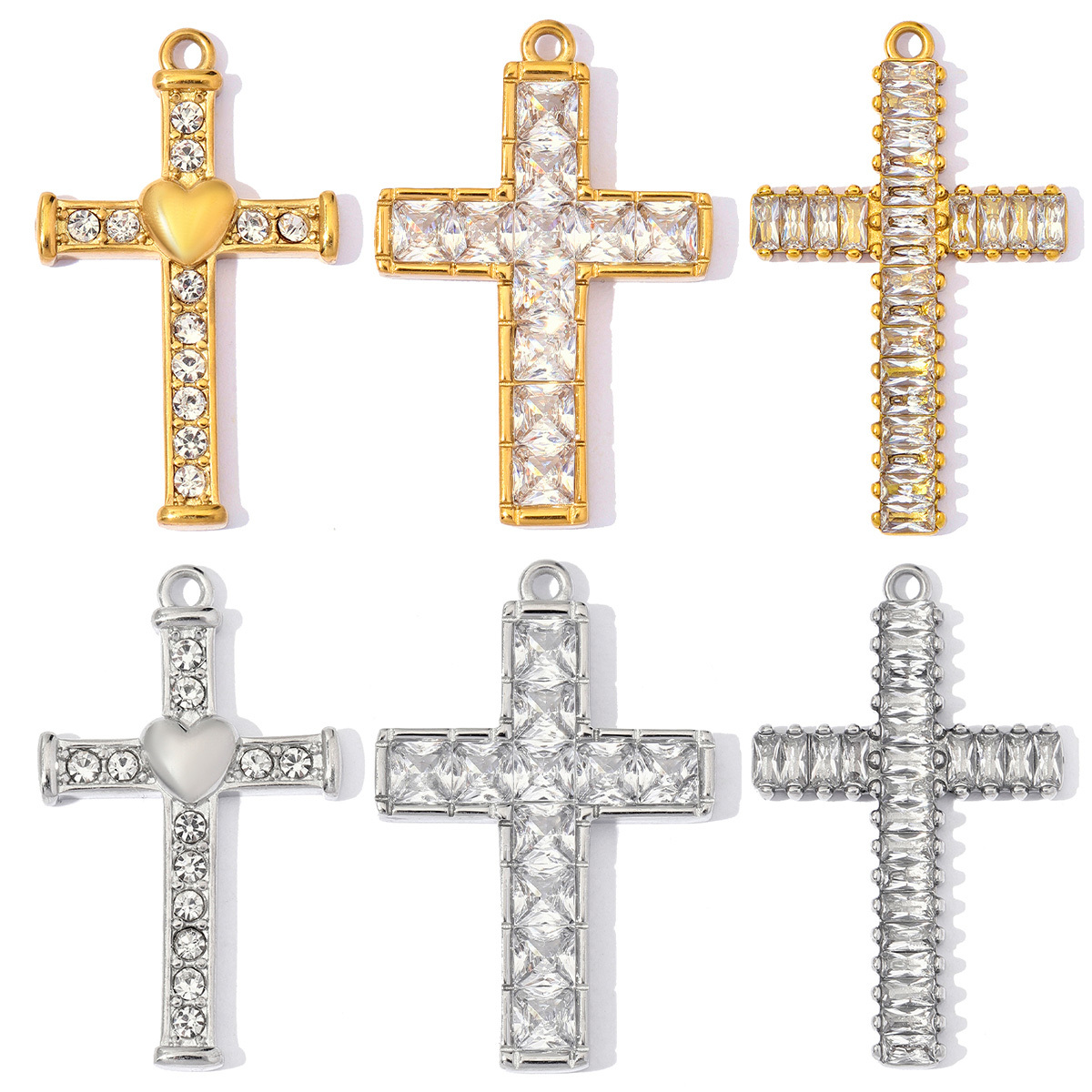 6pcs/Lot Stainless Steel Zircon Cross DIY Charms Rhinestone Heart Religious Necklace Pendant Woman Jewelry Findings Wholesale
