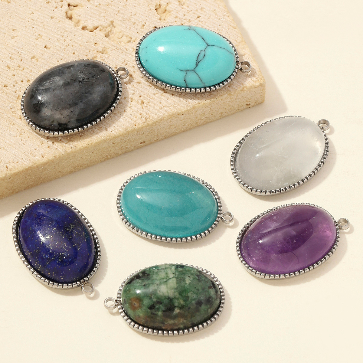 6pcs/Lot Stainless Steel Geometric Oval DIY Earring Charms Natural Stone Lapis Lazuli Necklace Pendant Woman Jewelry Findings Wholesale