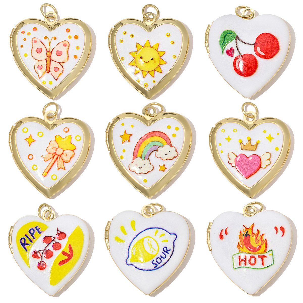 6pcs/Lot Copper Openable Heart DIY Charms Butterfly Rainbow Picture Locket Pendants Woman Cherry Sun Necklace Findings Wholesale