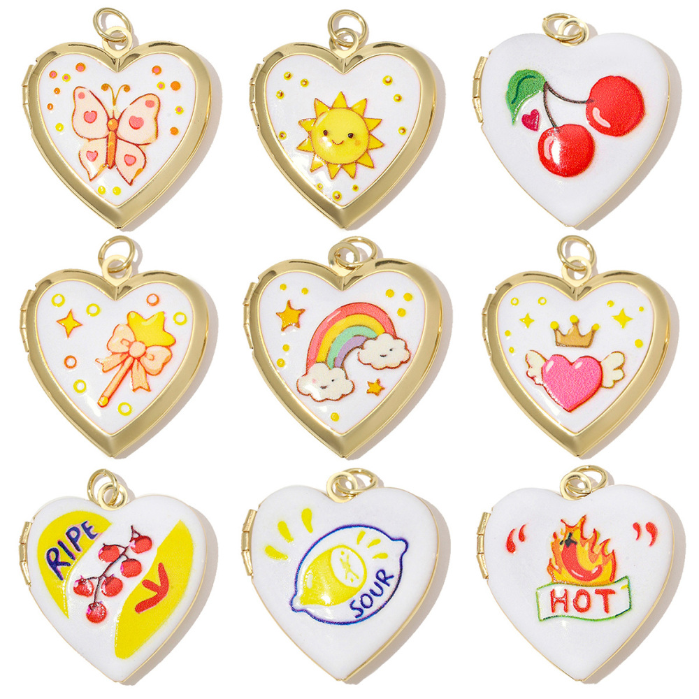 6pcs/Lot Copper Openable Heart DIY Charms Butterfly Rainbow Picture Locket Pendants Woman Cherry Sun Necklace Findings Wholesale