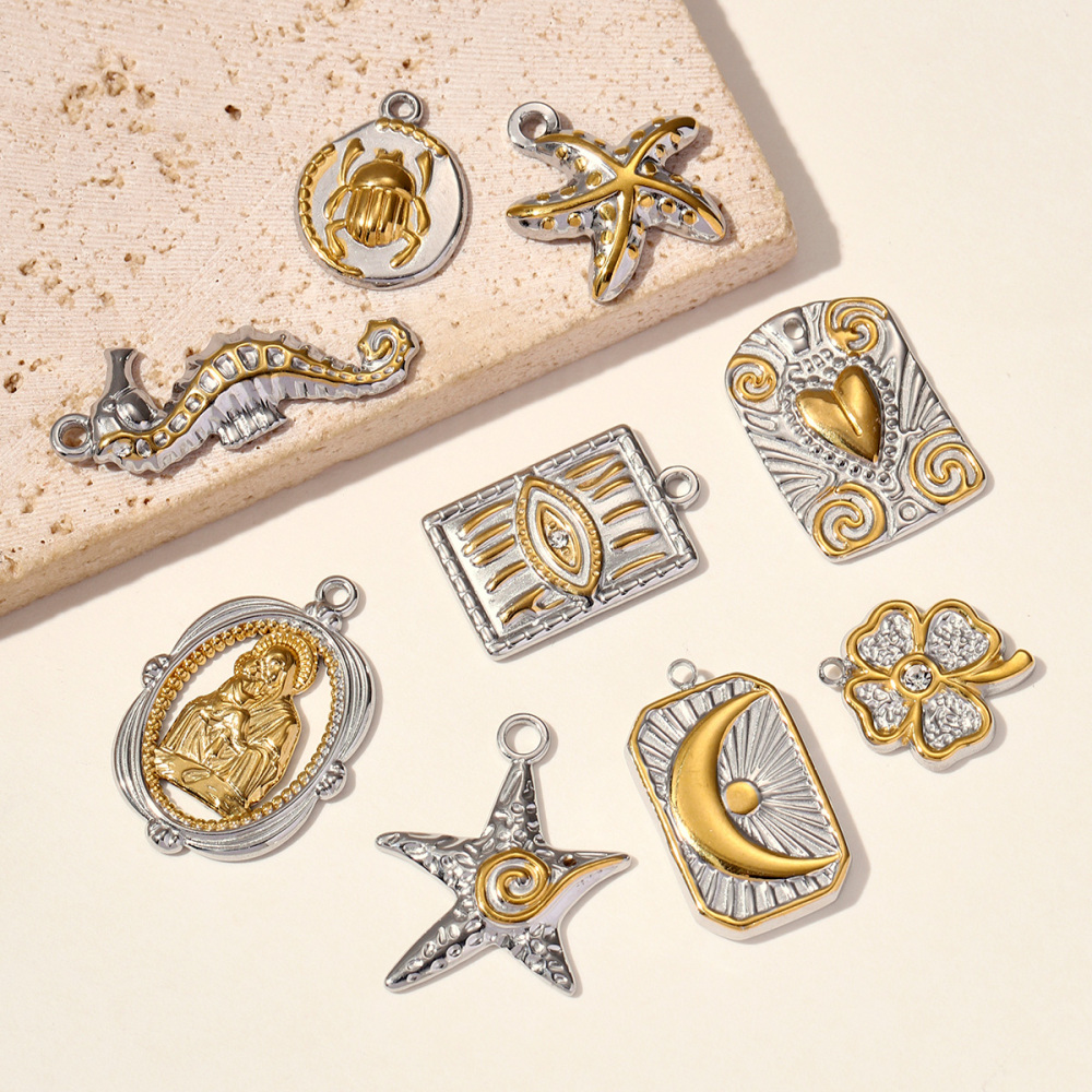 6pcs/pack Two Tone Clover Seahorse Stainless Steel DIY Charms Women Strawberry Jewelry Oval Virgin Mary Starfish Necklace Pendant