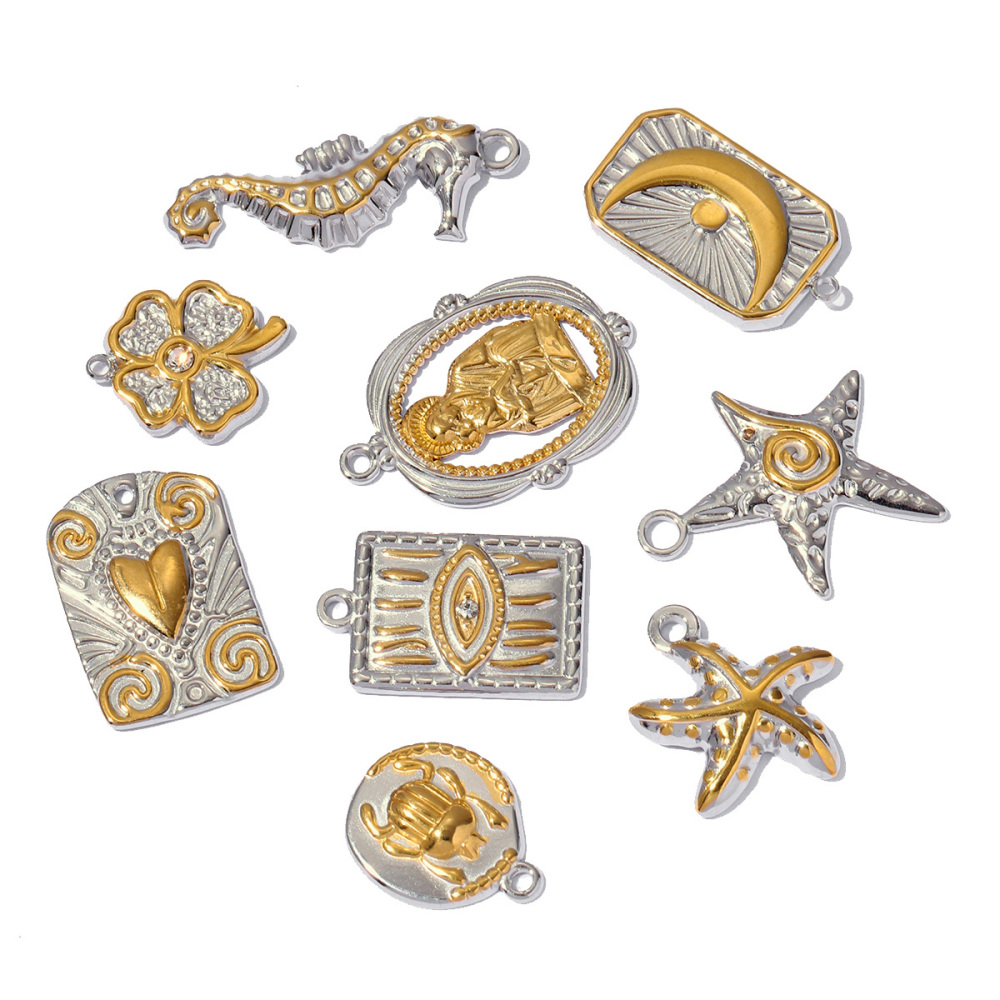 6pcs/pack Two Tone Clover Seahorse Stainless Steel DIY Charms Women Strawberry Jewelry Oval Virgin Mary Starfish Necklace Pendant