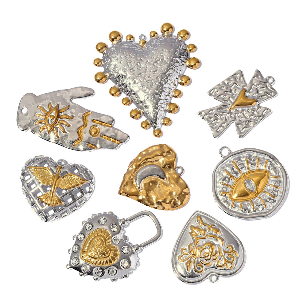 6pcs/pack Stainless Steel Cross Love Heart DIY Charms Beetle Hamsa Hand Necklace Pendant Woman Silver Gold Two Tone Jewelry Wholesale
