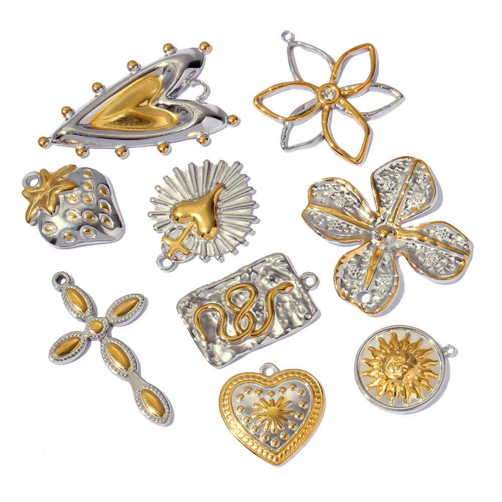 6pcs/pack Two Tone Clover Seahorse Stainless Steel DIY Charms Women Strawberry Jewelry Oval Virgin Mary Starfish Necklace Pendant