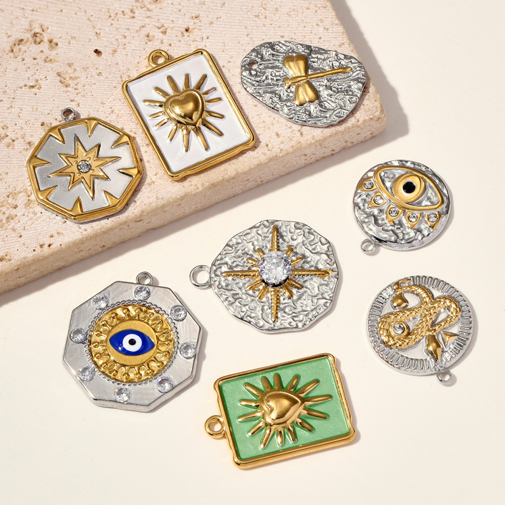 6pcs/pack Two Tone Silver Gold Sun Heart Stainless Steel DIY Charm Women Flower Jewelry Fashion Evil Eye Rose Snake Shell Necklace Pendant