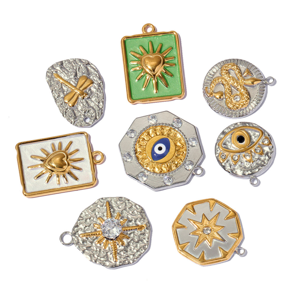 6pcs/pack Two Tone Silver Gold Sun Heart Stainless Steel DIY Charm Women Flower Jewelry Fashion Evil Eye Rose Snake Shell Necklace Pendant